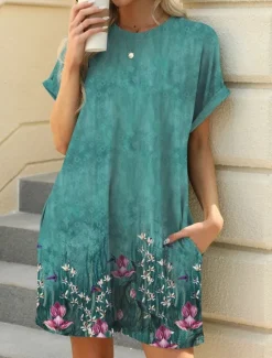 New Women's Mini Dress Petite Dress Casual Dress T Shirt Dress Tee Dress Boho Dress Stylish Casual Vacation Daily Regular Fit Floral Leaf Short Sleeve Crew Neck Blue Brown Green Summer Women Floral Dresses