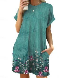 New Women's Mini Dress Petite Dress Casual Dress T Shirt Dress Tee Dress Boho Dress Stylish Casual Vacation Daily Regular Fit Floral Leaf Short Sleeve Crew Neck Blue Brown Green Summer Women Floral Dresses