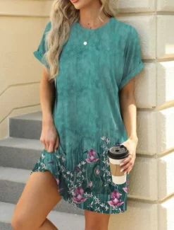 New Women's Mini Dress Petite Dress Casual Dress T Shirt Dress Tee Dress Boho Dress Stylish Casual Vacation Daily Regular Fit Floral Leaf Short Sleeve Crew Neck Blue Brown Green Summer Women Floral Dresses