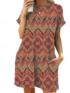 New Women's Mini Dress Petite Dress Casual Dress T Shirt Dress Tee Dress Boho Dress Stylish Casual Vacation Daily Regular Fit Floral Leaf Short Sleeve Crew Neck Blue Brown Green Summer Women Floral Dresses
