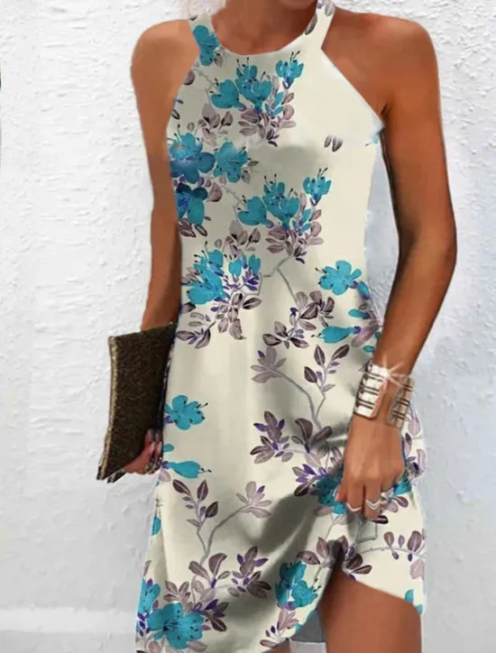 Clearance Women's Mini Dress Petite Dress Sundress Summer Dress Slip Dress Active Fashion Streetwear Outdoor Vacation Daily Regular Fit Floral Sleeveless Halter Neck White Royal Blue Blue Dark Green Women Sundresses