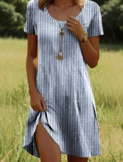 New Women's Mini Dress Petite Dress Casual Dress T Shirt Dress Tee Dress A Line Dress Summer Dress Stylish Casual Vacation Casual Daily Regular Fit Graphic Stripe Short Sleeve Crew Neck Summer Women T Shirt Dresses