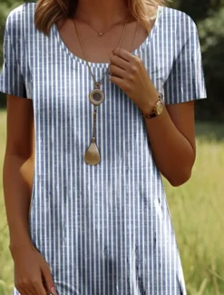 New Women's Mini Dress Petite Dress Casual Dress T Shirt Dress Tee Dress A Line Dress Summer Dress Stylish Casual Vacation Casual Daily Regular Fit Graphic Stripe Short Sleeve Crew Neck Summer Women T Shirt Dresses