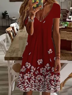 Women's Mini Dress Petite Dress T Shirt Dress Tee Dress Sundress A Line Dress Cute Outdoor Vacation Birthday Regular Fit Floral Short Sleeve V Neck Black White Pink Wine Summer Women T Shirt Dresses