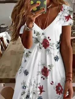 Women's Mini Dress Petite Dress T Shirt Dress Tee Dress Sundress A Line Dress Cute Outdoor Vacation Birthday Regular Fit Floral Short Sleeve V Neck Black White Pink Wine Summer Women T Shirt Dresses