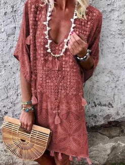 Sale Women's Mini Dress Petite Dress Vintage Dress Casual Dress Boho Chic Dresses Boho Dress Bohemia Ethnic Vacation Holiday Loose Fit Geometric Tribal Half Sleeve V Neck Pink Wine Green Khaki Summer Women Spring Dresses