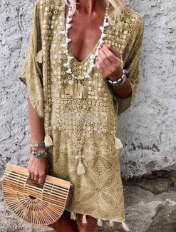 Sale Women's Mini Dress Petite Dress Vintage Dress Casual Dress Boho Chic Dresses Boho Dress Bohemia Ethnic Vacation Holiday Loose Fit Geometric Tribal Half Sleeve V Neck Pink Wine Green Khaki Summer Women Spring Dresses