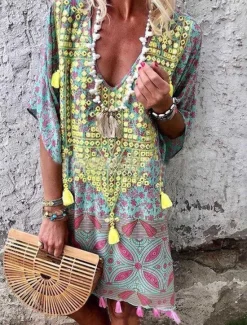 Sale Women's Mini Dress Petite Dress Vintage Dress Casual Dress Boho Chic Dresses Boho Dress Bohemia Ethnic Vacation Holiday Loose Fit Geometric Tribal Half Sleeve V Neck Pink Wine Green Khaki Summer Women Spring Dresses