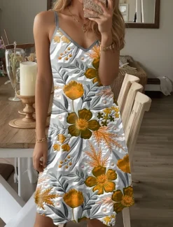 Discount Women's Mini Dress Petite Dress A Line Dress Summer Dress Slip Dress Off The Shoulder Dress Vacation Casual Vacation Daily Regular Fit Floral Graphic Sleeveless V Neck Yellow Blue Fuchsia Green Summer Women Vacation Dresses