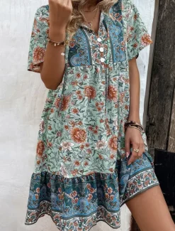 Outlet Women's Mini Dress Petite Dress Casual Dress Boho Chic Dresses Boho Dress Bohemia Ethnic Casual Vacation Daily Beach Loose Fit Floral Short Sleeve V Neck Red Green Summer Spring Women Spring Dresses