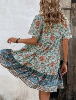 Outlet Women's Mini Dress Petite Dress Casual Dress Boho Chic Dresses Boho Dress Bohemia Ethnic Casual Vacation Daily Beach Loose Fit Floral Short Sleeve V Neck Red Green Summer Spring Women Spring Dresses