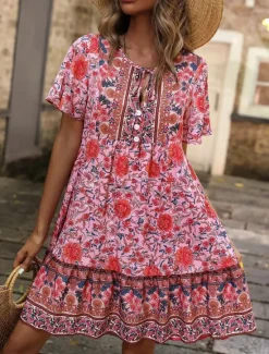 Outlet Women's Mini Dress Petite Dress Casual Dress Boho Chic Dresses Boho Dress Bohemia Ethnic Casual Vacation Daily Beach Loose Fit Floral Short Sleeve V Neck Red Green Summer Spring Women Spring Dresses