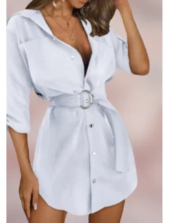 Online Women's Mini Dress Petite Dress Shirt Dress Cotton Linen Dress Fashion Holiday Date Weekend Regular Fit Plain Long Sleeve Shirt Collar White Khaki Summer Women White Dresses