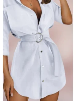 Online Women's Mini Dress Petite Dress Shirt Dress Cotton Linen Dress Fashion Holiday Date Weekend Regular Fit Plain Long Sleeve Shirt Collar White Khaki Summer Women White Dresses