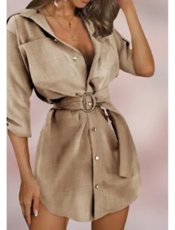 Online Women's Mini Dress Petite Dress Shirt Dress Cotton Linen Dress Fashion Holiday Date Weekend Regular Fit Plain Long Sleeve Shirt Collar White Khaki Summer Women White Dresses