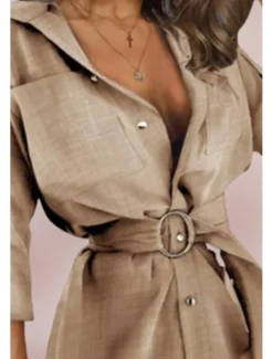 Online Women's Mini Dress Petite Dress Shirt Dress Cotton Linen Dress Fashion Holiday Date Weekend Regular Fit Plain Long Sleeve Shirt Collar White Khaki Summer Women White Dresses