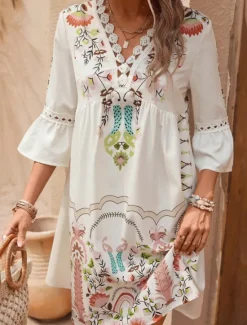 New Women's Mini Dress Petite Dress Casual Dress Summer Dress Boho Dress Stylish Casual Vacation Daily Date Regular Fit Floral 3/4 Length Sleeve V Neck Black Red Fuchsia Apricot Summer Women Spring Dresses|Floral Dresses