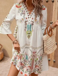 New Women's Mini Dress Petite Dress Casual Dress Summer Dress Boho Dress Stylish Casual Vacation Daily Date Regular Fit Floral 3/4 Length Sleeve V Neck Black Red Fuchsia Apricot Summer Women Spring Dresses|Floral Dresses