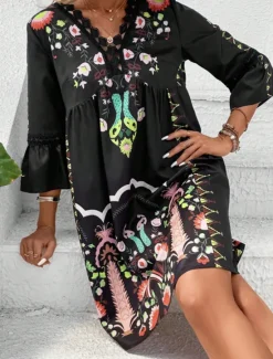 New Women's Mini Dress Petite Dress Casual Dress Summer Dress Boho Dress Stylish Casual Vacation Daily Date Regular Fit Floral 3/4 Length Sleeve V Neck Black Red Fuchsia Apricot Summer Women Spring Dresses|Floral Dresses