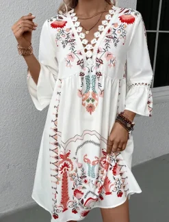 New Women's Mini Dress Petite Dress Casual Dress Summer Dress Boho Dress Stylish Casual Vacation Daily Date Regular Fit Floral 3/4 Length Sleeve V Neck Black Red Fuchsia Apricot Summer Women Spring Dresses|Floral Dresses