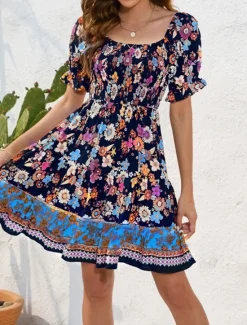 Women's Mini Dress Petite Dress Casual Dress Summer Dress Boho Dress Elegant Stylish Lantern Sleeve Vacation Daily Date Regular Fit Floral Short Sleeve Square Neck Black Pink Blue Summer Women Spring Dresses