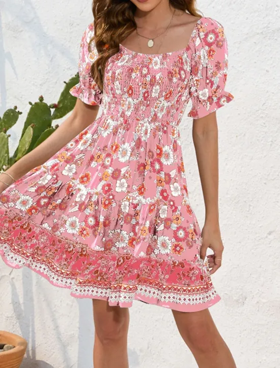 Women's Mini Dress Petite Dress Casual Dress Summer Dress Boho Dress Elegant Stylish Lantern Sleeve Vacation Daily Date Regular Fit Floral Short Sleeve Square Neck Black Pink Blue Summer Women Spring Dresses