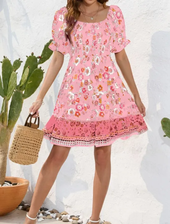 Women's Mini Dress Petite Dress Casual Dress Summer Dress Boho Dress Elegant Stylish Lantern Sleeve Vacation Daily Date Regular Fit Floral Short Sleeve Square Neck Black Pink Blue Summer Women Spring Dresses