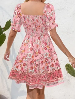 Women's Mini Dress Petite Dress Casual Dress Summer Dress Boho Dress Elegant Stylish Lantern Sleeve Vacation Daily Date Regular Fit Floral Short Sleeve Square Neck Black Pink Blue Summer Women Spring Dresses