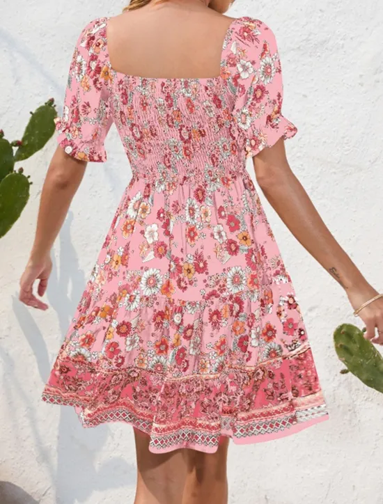 Women's Mini Dress Petite Dress Casual Dress Summer Dress Boho Dress Elegant Stylish Lantern Sleeve Vacation Daily Date Regular Fit Floral Short Sleeve Square Neck Black Pink Blue Summer Women Spring Dresses