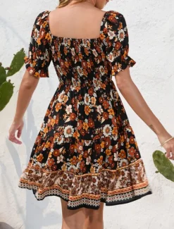 Women's Mini Dress Petite Dress Casual Dress Summer Dress Boho Dress Elegant Stylish Lantern Sleeve Vacation Daily Date Regular Fit Floral Short Sleeve Square Neck Black Pink Blue Summer Women Spring Dresses