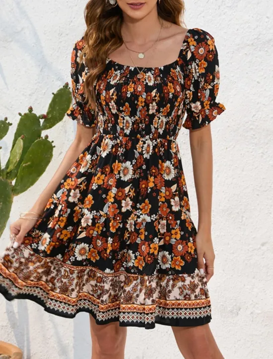 Women's Mini Dress Petite Dress Casual Dress Summer Dress Boho Dress Elegant Stylish Lantern Sleeve Vacation Daily Date Regular Fit Floral Short Sleeve Square Neck Black Pink Blue Summer Women Spring Dresses