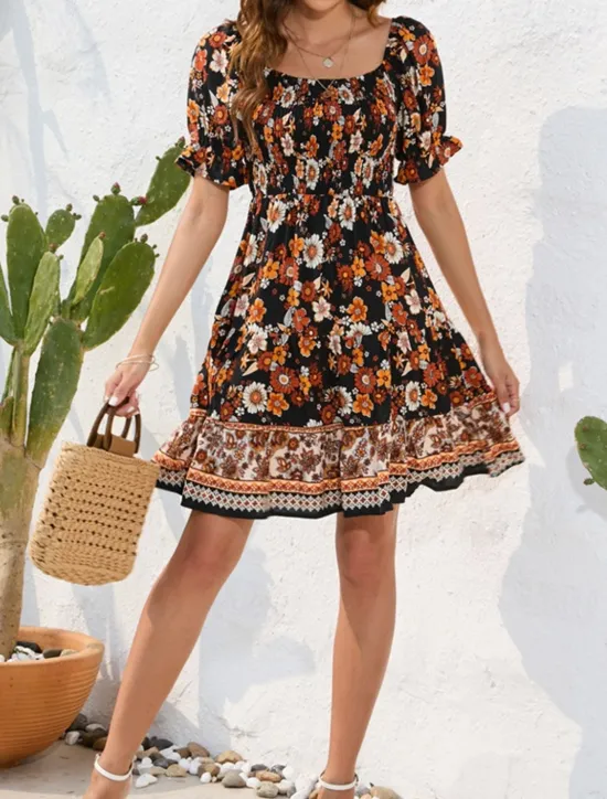 Women's Mini Dress Petite Dress Casual Dress Summer Dress Boho Dress Elegant Stylish Lantern Sleeve Vacation Daily Date Regular Fit Floral Short Sleeve Square Neck Black Pink Blue Summer Women Spring Dresses