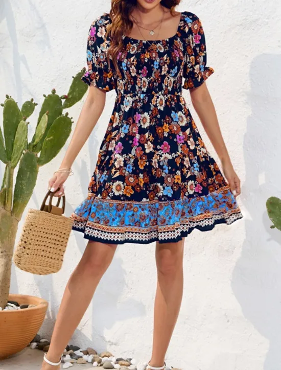 Women's Mini Dress Petite Dress Casual Dress Summer Dress Boho Dress Elegant Stylish Lantern Sleeve Vacation Daily Date Regular Fit Floral Short Sleeve Square Neck Black Pink Blue Summer Women Spring Dresses