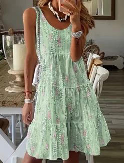New Women's Mini Dress Petite Dress Sundress Shift Dress Tank Dress Active Tropical Fashion Outdoor Vacation Holiday Regular Fit Floral Bohemian Sleeveless U Neck Pink Blue Green Summer Spring Women Spring Dresses|Sundresses