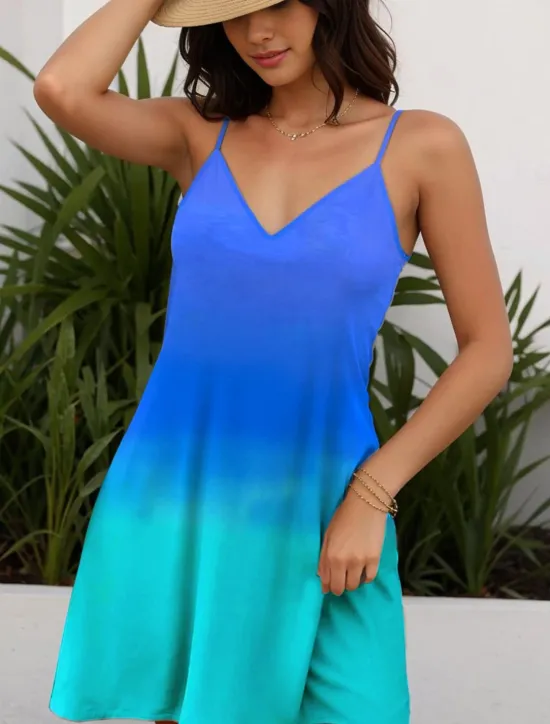 New Women's Mini Dress Petite Dress Sundress Summer Dress Slip Dress Tropical Hawaiian Sexy Vacation Beach Swimming Regular Fit Ombre Color Gradient Sleeveless V Neck Spaghetti Strap Blue Women Sundresses