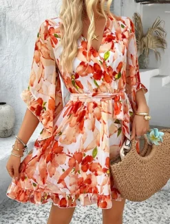 Clearance Women's Mini Dress Petite Dress Casual Dress Floral Dress Summer Dress Slip Dress Fashion Modern Daily Beach Weekend Regular Fit Floral 3/4 Length Sleeve V Neck Black Yellow Orange Green Summer Women Floral Dresses