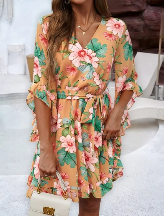 Clearance Women's Mini Dress Petite Dress Casual Dress Floral Dress Summer Dress Slip Dress Fashion Modern Daily Beach Weekend Regular Fit Floral 3/4 Length Sleeve V Neck Black Yellow Orange Green Summer Women Floral Dresses