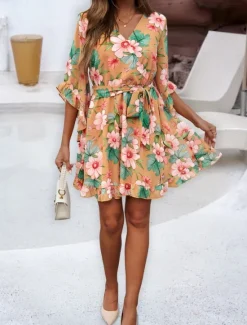 Clearance Women's Mini Dress Petite Dress Casual Dress Floral Dress Summer Dress Slip Dress Fashion Modern Daily Beach Weekend Regular Fit Floral 3/4 Length Sleeve V Neck Black Yellow Orange Green Summer Women Floral Dresses