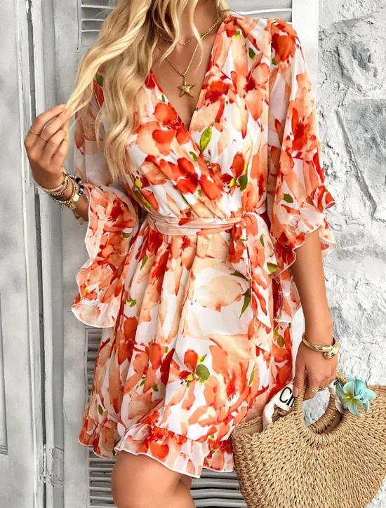 Clearance Women's Mini Dress Petite Dress Casual Dress Floral Dress Summer Dress Slip Dress Fashion Modern Daily Beach Weekend Regular Fit Floral 3/4 Length Sleeve V Neck Black Yellow Orange Green Summer Women Floral Dresses