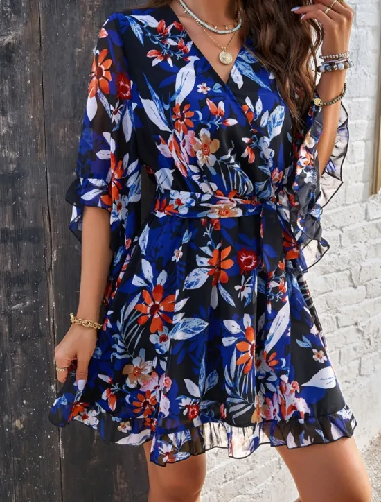 Clearance Women's Mini Dress Petite Dress Casual Dress Floral Dress Summer Dress Slip Dress Fashion Modern Daily Beach Weekend Regular Fit Floral 3/4 Length Sleeve V Neck Black Yellow Orange Green Summer Women Floral Dresses
