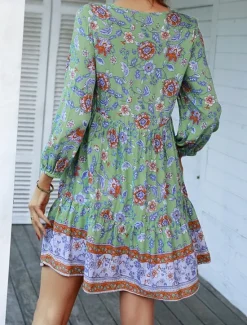 Women's Mini Dress Petite Dress Casual Dress Summer Dress Boho Dress Fashion Outdoor Vacation Daily Regular Fit Floral 3/4 Length Sleeve V Neck Yellow Pink Blue Green Summer Women Floral Dresses