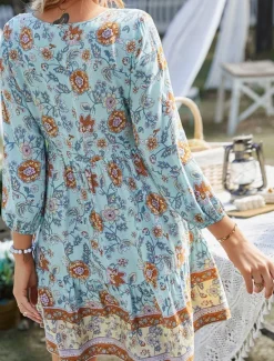 Women's Mini Dress Petite Dress Casual Dress Summer Dress Boho Dress Fashion Outdoor Vacation Daily Regular Fit Floral 3/4 Length Sleeve V Neck Yellow Pink Blue Green Summer Women Floral Dresses