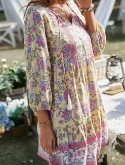Women's Mini Dress Petite Dress Casual Dress Summer Dress Boho Dress Fashion Outdoor Vacation Daily Regular Fit Floral 3/4 Length Sleeve V Neck Yellow Pink Blue Green Summer Women Floral Dresses