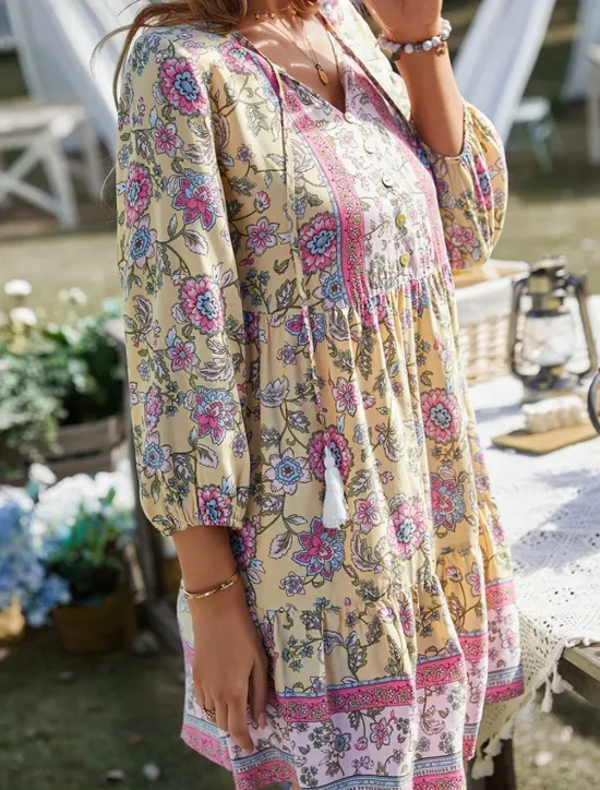 Women's Mini Dress Petite Dress Casual Dress Summer Dress Boho Dress Fashion Outdoor Vacation Daily Regular Fit Floral 3/4 Length Sleeve V Neck Yellow Pink Blue Green Summer Women Floral Dresses