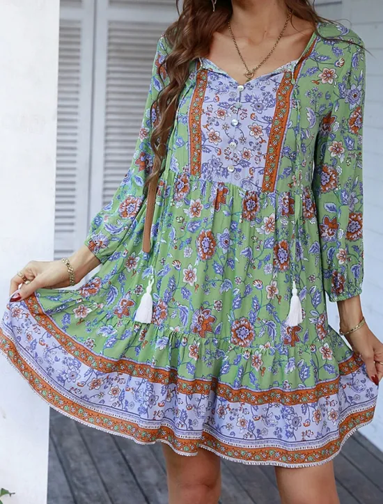 Women's Mini Dress Petite Dress Casual Dress Summer Dress Boho Dress Fashion Outdoor Vacation Daily Regular Fit Floral 3/4 Length Sleeve V Neck Yellow Pink Blue Green Summer Women Floral Dresses