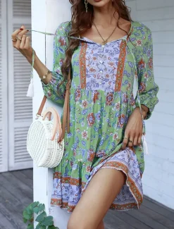 Women's Mini Dress Petite Dress Casual Dress Summer Dress Boho Dress Fashion Outdoor Vacation Daily Regular Fit Floral 3/4 Length Sleeve V Neck Yellow Pink Blue Green Summer Women Floral Dresses