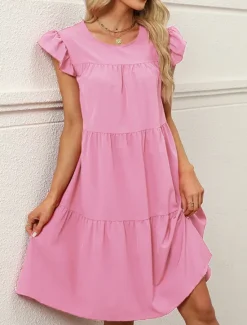 Online Women's Mini Dress Petite Dress White Dress Casual Dress Swing Dress Sundress Elegant Fashion Daily Summer Dress Loose Fit Plain Pure Color Short Sleeve Crew Neck Blush Pink Black White Pink Summer Women White Dresses