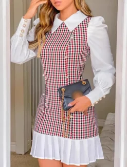 Clearance Women's Mini Dress Pleated Dress Cute Stylish Regular Fit Plaid Long Sleeve Shirt Collar Black Red Rainbow Spring Fall Winter Women Work Dresses