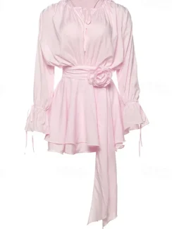 Sale Women's Mini Dress Ruffle Dress Vacation Birthday Cocktail Flare Cuff Sleeve Party Birthday Daily Regular Fit Plain Long Sleeve Crew Neck White Pink Summer Spring Fall Women Casual Dress