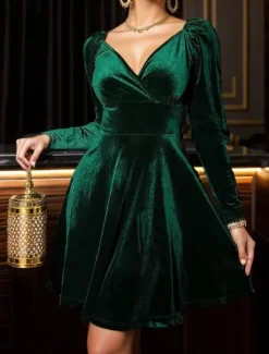 Best Women's Mini Dress Sheath Dress A Line Dress Fit And Flare Dress Party Birthday Formal Wedding Party Wedding Guest Plain Long Sleeve V Neck Black Red Blue Green Spring Fall Winter Autumn Women Casual Dress